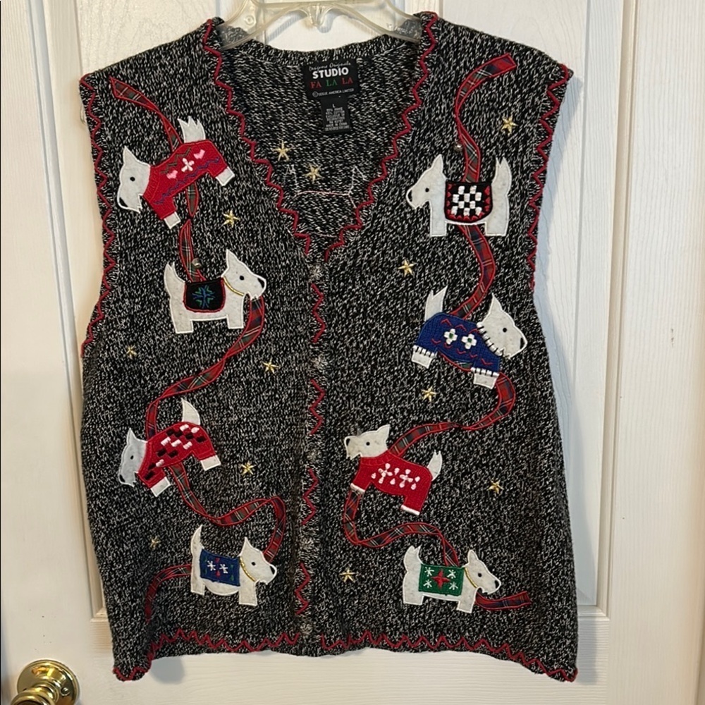 Studio Fa La La Black Knit Christmas Vest with Dog Pattern, size L.